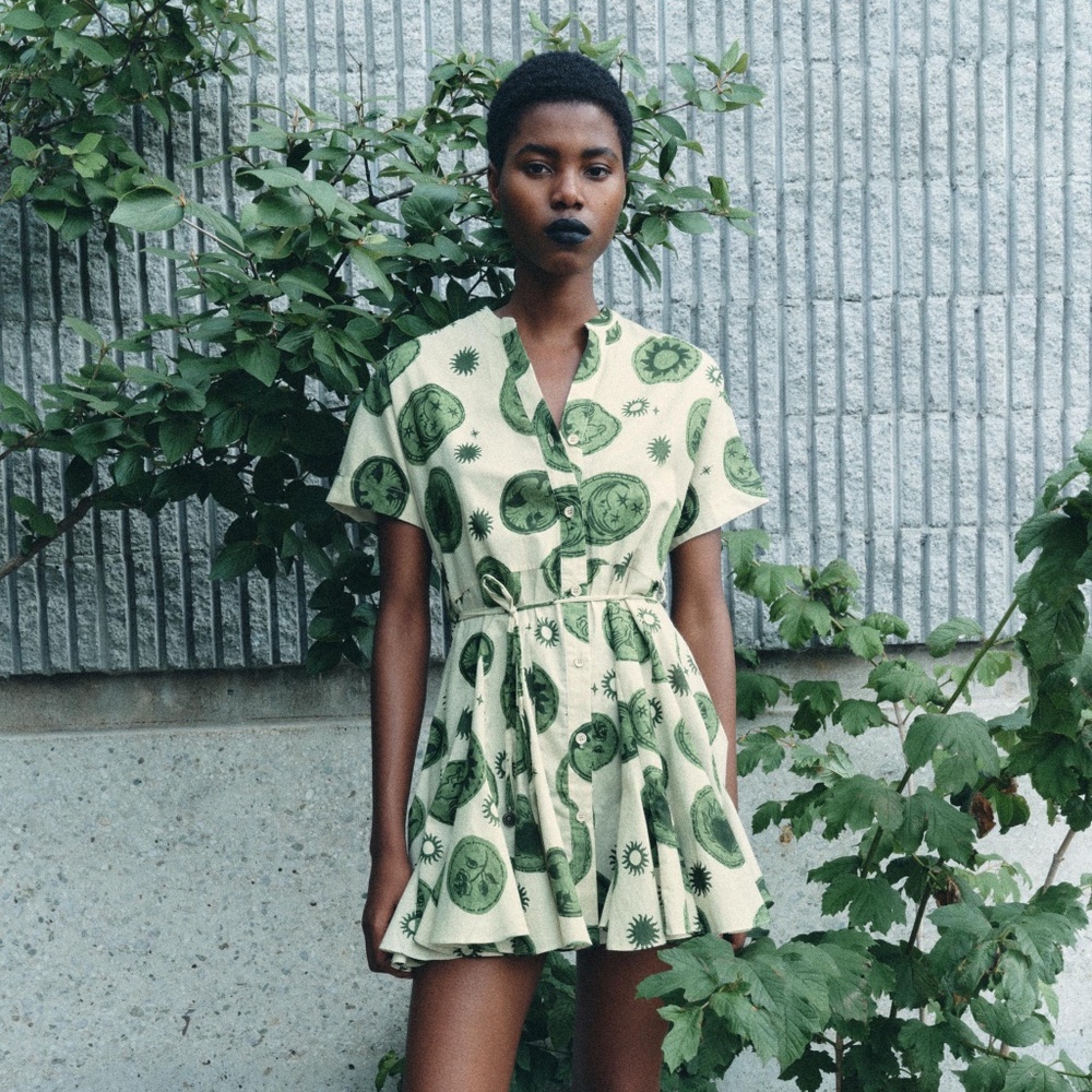 Zara Printed Short Dress ZW Collection NWOT M Green and Ecru 2183/012